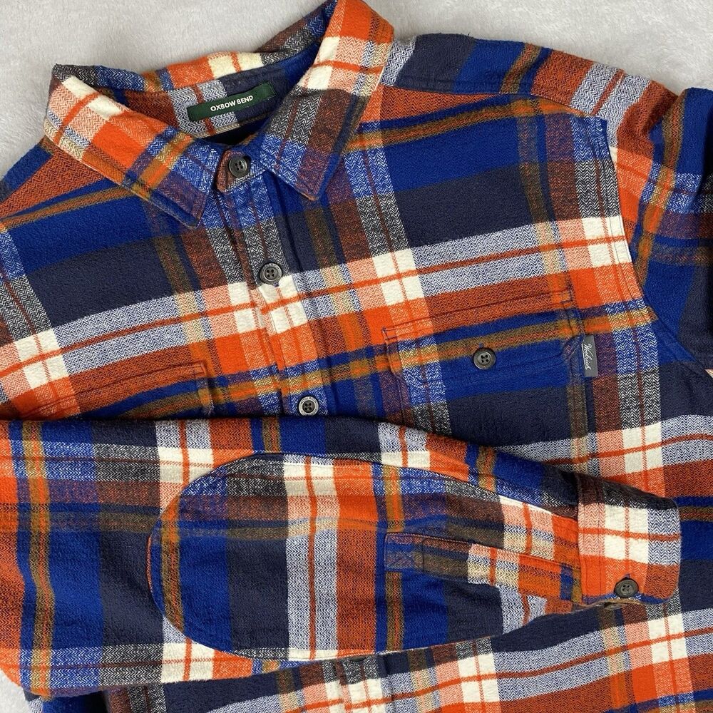 Woolrich Oxbow Bend Flannel Shirt Mens XL Blue Orange Plaid Heavyweight Button